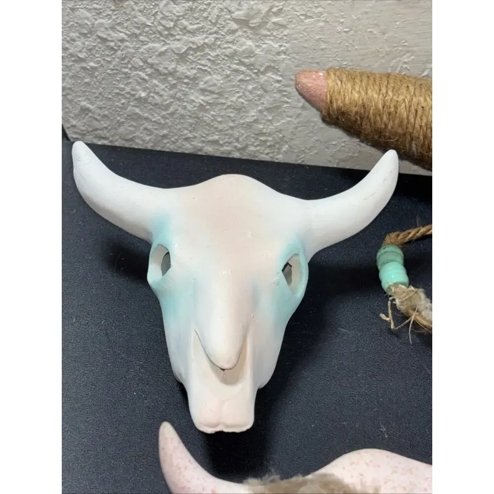 5 Southwestern Pottery Ceramic Bull Skull Hand-Painted Wall Table Decor 7” & 5”